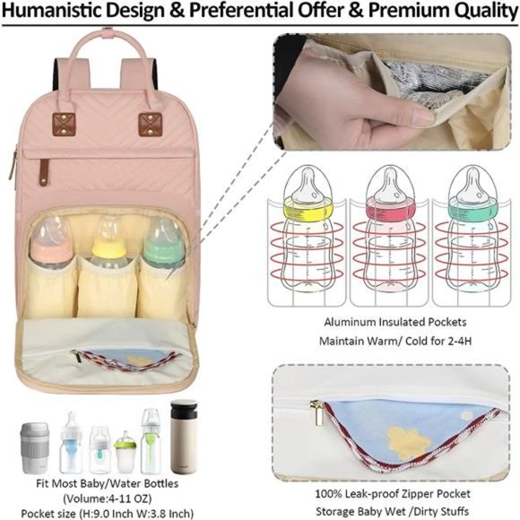 Diaper Bag Backpack Tote for Women Large Capacity, Baby Bag w Insulated Pockets - Picture 2 of 6